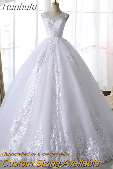 Runhufu White Lace Wedding Dress With Train Sleeveless Bridal Dress Back Zipper Ball Gown Luxury Vestido De Noiva Robe De Mariee